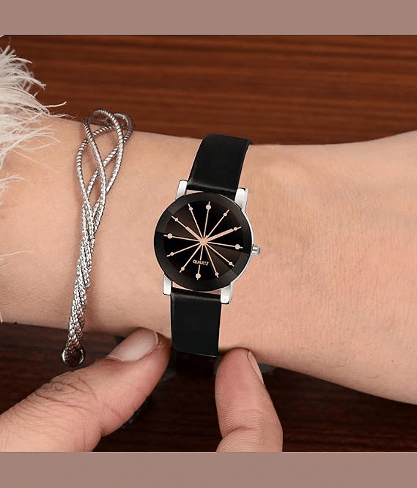 Cosmic Black Leather Analog Womens Watch
