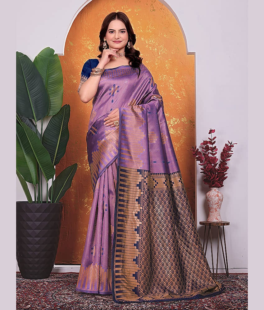Kanooda Prints Silk Blend Embellished Pattu Saree With Unstitched Blouse Piece ( Navy Blue )