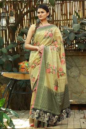 Beautiful Light Olive color Linen Digital Printed Silk Sari 1109
