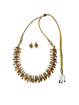 ANVAYACOLLECTIONS Traditional Gold-Toned Necklace Set with Pearl Drops, South Indian Style Choker with Matching Earrings