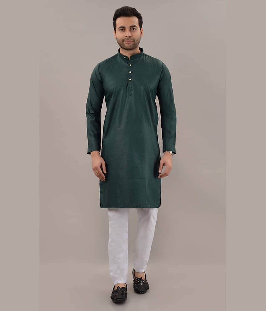 MOUDLIN Green Cotton Blend Regular Fit Men's Kurta Pyjama Set ( Pack of 1 )