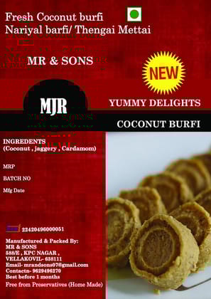 MJR Fresh Coconut Burfi (Jaggery)/Nariyal Barfi/Thengai Burfi, 50 Pcs