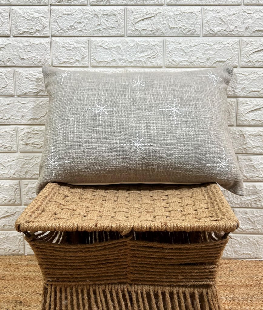 Indihomecraft Handicraft Cotton Cushion Cover - Hand Stitched Embroidery Decorative Art Boho Pillow Star Shape Gray Hand Made Pillow Cover | Square Shape 14X20 Inches Cushion Cover