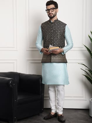 Men's Silk Blend Sky Blue Kurta and Off-White Pyjama With Black Nehru Jacket-36