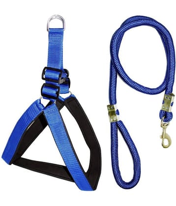 Petshop7 Nylon Rubber Padded Blue Adjustable Dog Harness & Leash Rope 0.75 Inch For Small Dogs (Chest Size adjustable : 22- 25inch)