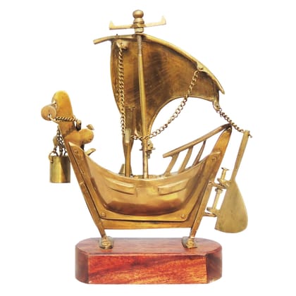 Brass Ship Decor with Polished Wooden Base – Premium Showpiece, Height : 9 Inch (MRMAS219 A)