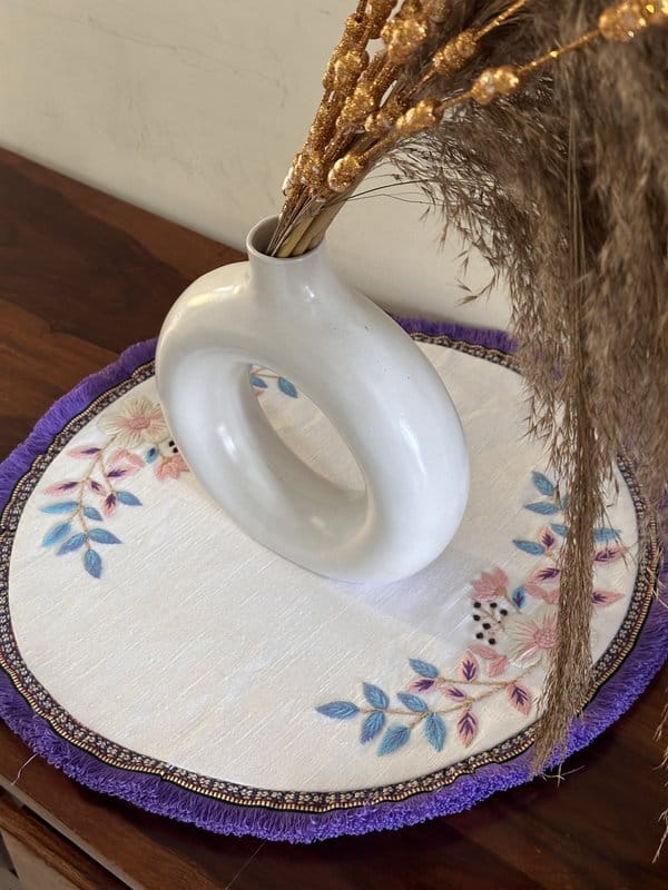 KRI India Bloom Lavender Round Fringed Placemats Set|Set of 6 | White & Purple | 15 inches | Wash & Care | 100% Cotton | Handcrafted in India. 100% organic & natural.
