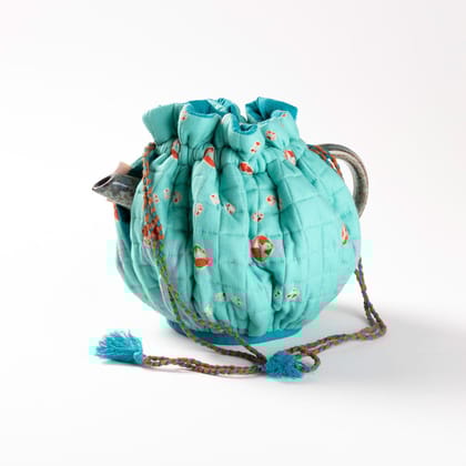 Handmade Cotton Tie & Dye Drawstring Tea Cozy - Turquoise-Turquoise / 9 Inches x 12 Inches / 100% Cotton