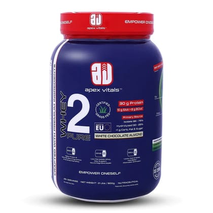 Apex Vitals Whey 2 Pure - Grass-Fed Whey Made in EU | Whey Isolate & Hydrolyzed | 30g Protein, 15g EAA, 8g BCAA | Digestive Enzymes | Muscle Build & Recovery |White Chocolate Almond - 900g 2Lbs, 
