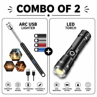 (Combo of 2) Rechargeable Electric Arc Gas Lighter for Kitchen & Pooja & Super Bright Zoomable Metal LED Torch for Camping, Travel & Emergency