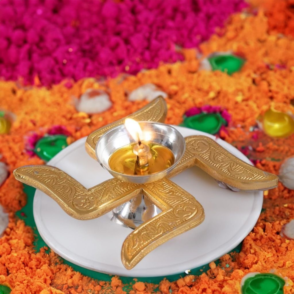 Golden Swastik Diya Set for Puja & Home Decor - Auspicious Akhand Jyot Lamp