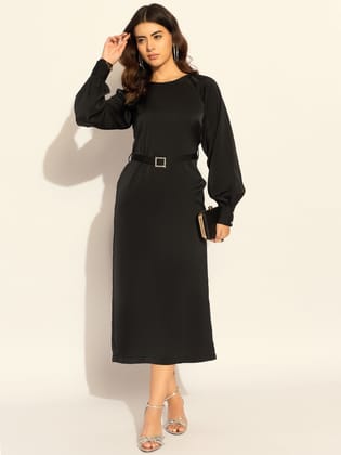 Chic Semi-Fitted Midi Dress With Gentle Puff Sleeves In Soft Satin Fabric-S