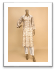 Block Print Long Kurta Cream, Size-M