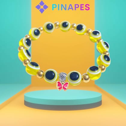 Pinapes Stylish Evil Eye Bracelet with Butterfly Pendant Ward Off Negativity with Artificial Beads - Yellow Pinapes Stylish Evil Eye Bracelet with Butterfly Pendant Ward Off Negativity with Artificial Beads - Yellow