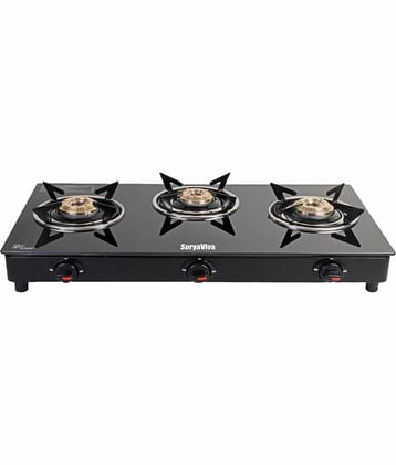 Suryaviva Nano 3B Ms Bk Toughened Glass 3 Cast Iron Burner Gas Stove(Manual Ignition,Black)