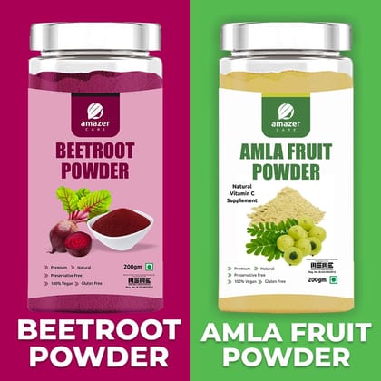 AmazerCare Amla & Beetroot Powder Combo (Dehydrated, 200gm Jar each) - Super Detox & Immune Booster Combo, Pure & Natural For Eating & Drink, For Healthy Liver, Full of Nutrients-400gm Combo