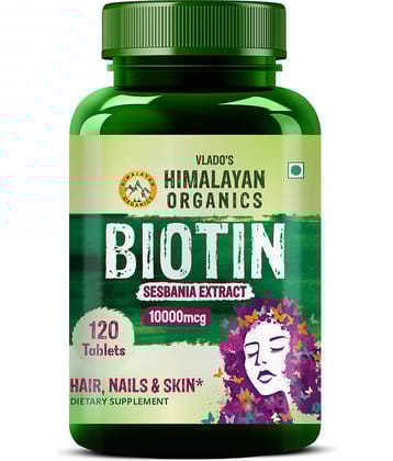 Vlado's Himalayan Organics Biotin 10000mcg Tablets Supports Hair Growth, Skin & Nail Health 120 No.s