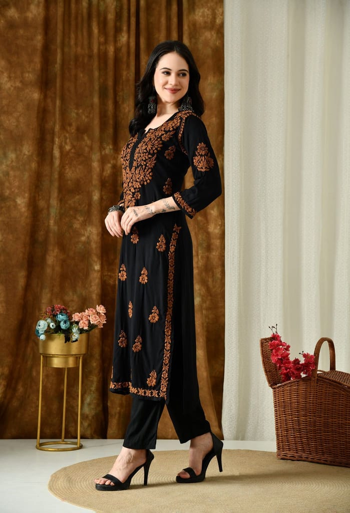 Black Kurta with Intricate Chikankari Work - Brown