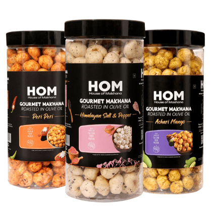 GOURMET MAKHANA Roasted in Olive Oil | Flavors Himalayan Salt & Pepper, Peri Peri and Achari Mango | Combo Of 3, 65g Each. - 195 gm
