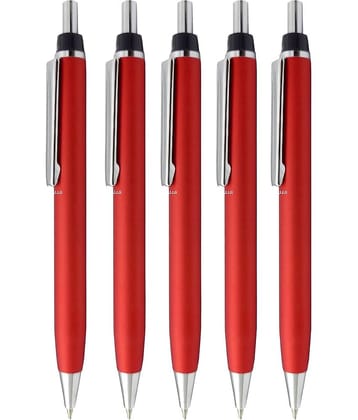 UJJi Red Color Click on and Off Matte Finish Body Pack of 5 Retractable (Blue Ink) Metal Ball Pen