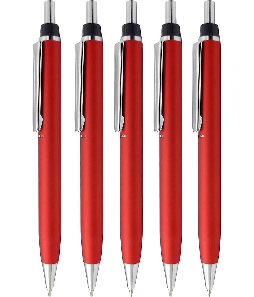 UJJi Red Color Click on and Off Matte Finish Body Pack of 5 Retractable (Blue Ink) Metal Ball Pen