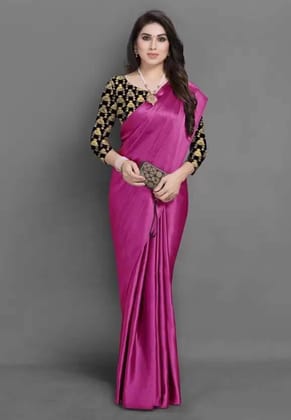 ANSH Womens Satin Solid Saree length (5.5m) & Blouse Piece Size (0.8m) (Pink)