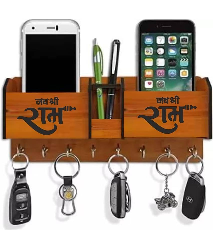 Big Boss Enterprises Jai Shree Ram with 2 Pocket Mobile Holder, Pen Stand Wood Key Holder Stand (8 Hooks, Brown)