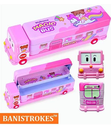 Bus Shape Pencil Box School Bus Metal Geometry Box for Kids Magic Bus with Moving Tyres with 3 Compartments Moving Tyre's & Sharpener Geometry Case for Boys & Girls