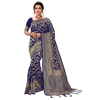 Women's Damask Pattern Jacquard Woven Banarasi Art Silk Saree with Unstitched Blouse Piece (Blue, 5 - 6 Mtrs)