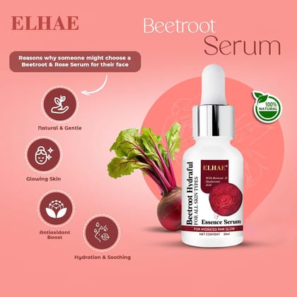ELHAE Hydrating Beetroot Essence Serum - 30ml with 1% Hyaluronic Acid Complex for a Radiant Pink Glow | Up to 92% Instant Hydration | Daily Use Face Serum for Smooth, Glowing Skin