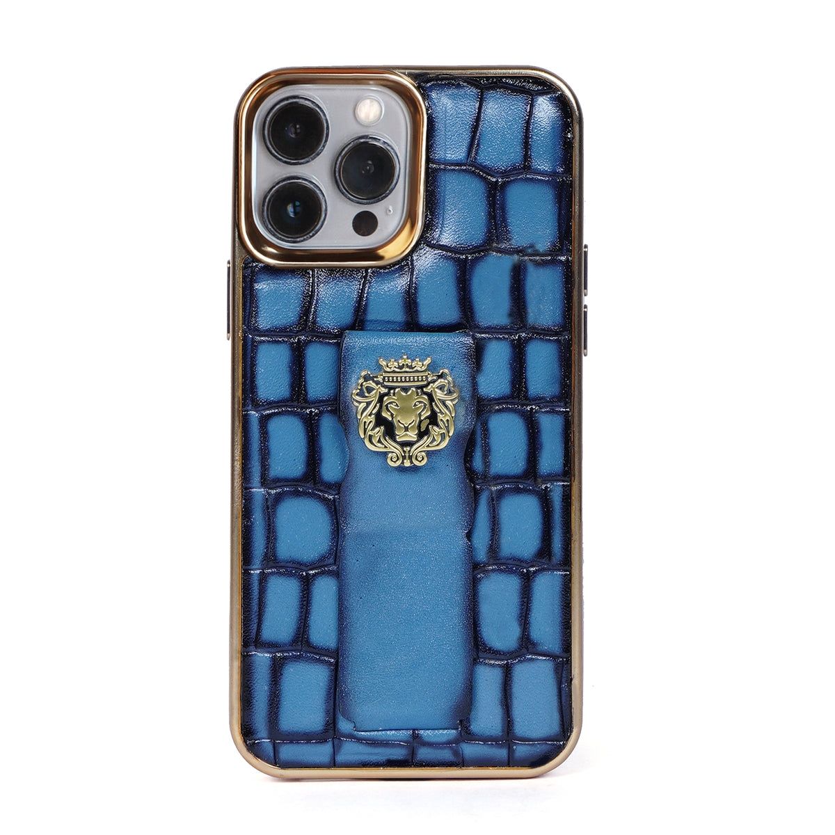 Sky Blue Leather Mobile Cover Golden Rim Finger Strap Cum Stand iPhone Series Deep Cut Croco Textured With Golden Lion Logo By Brune & Bareskin-14Pro