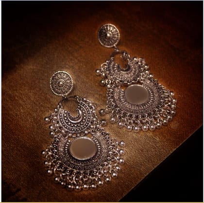 Antique Silver Afghani Style Dangle Drop Earrings with Mirror and Ghungroos- AER 298
