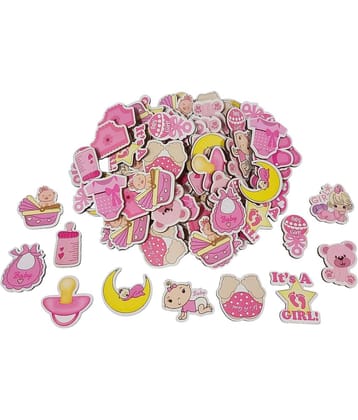 PRANSUNITA 20 pcs Wooden Pink Cutouts Motifs Embellishment for Baby Shower Decoration Gift Packaging Card Making & Craft Work (Mix Design) Color Baby Pink Size 4 cm (1.50 mm Thick)