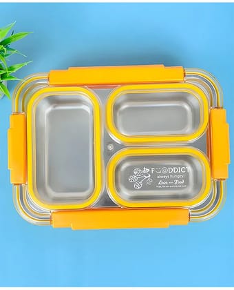 Spot Hunt Stainless Steel Table Lunch Box 3 Compartment Leak-Proof BPA Free With Spoon, Chopstick & Fork -710 ML - Color & Design May Vary-Green