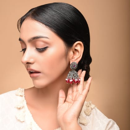 Oxidised Lightweight Fulpatti Jhumka Earrings-Ruby