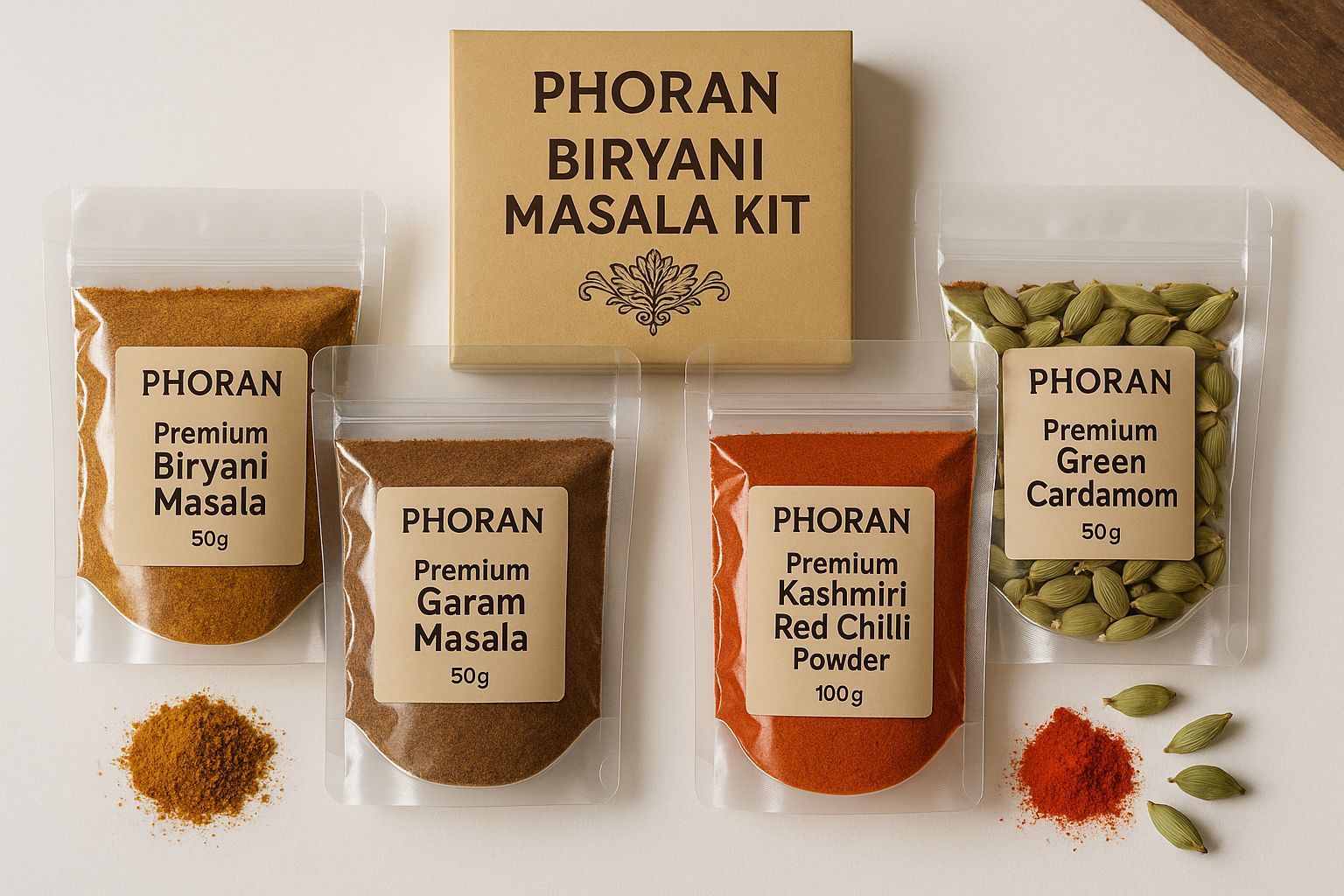 250 gm Buy Biryani Spice Kit - Complete Bundle of joy | 100 gm Biryani Masala l 50 Garam Masala l 50 gm Kashmiri Chillie Powder l 50 gm Tikhalal Chillie powder l Phoran Complete Spice Bundle for Perfect Restaurant-Style Biryani