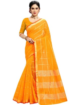 Generic Women's Kota Doria Cotton Checked Saree With Blouse (Yellow, 5-6  Mtr)