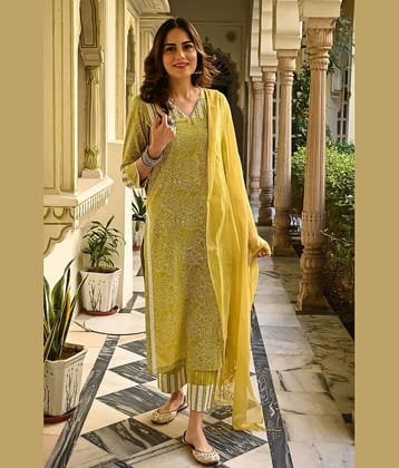 Royal Export Pack of 1 Cotton Blend Printed Straight Women's Kurti with Dupatta - ( Yellow )