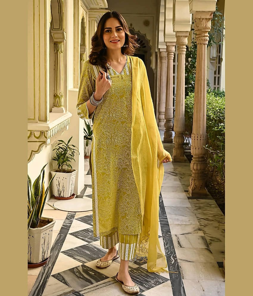 Royal Export Pack of 1 Cotton Blend Printed Straight Women's Kurti with Dupatta - ( Yellow )