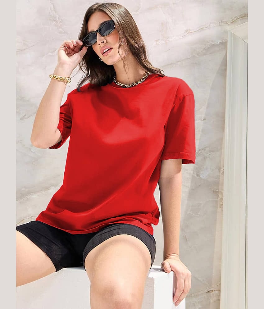Leotude Women Cotton Blend Solid Oversized Fit Round Neck T-Shirt ( Red )