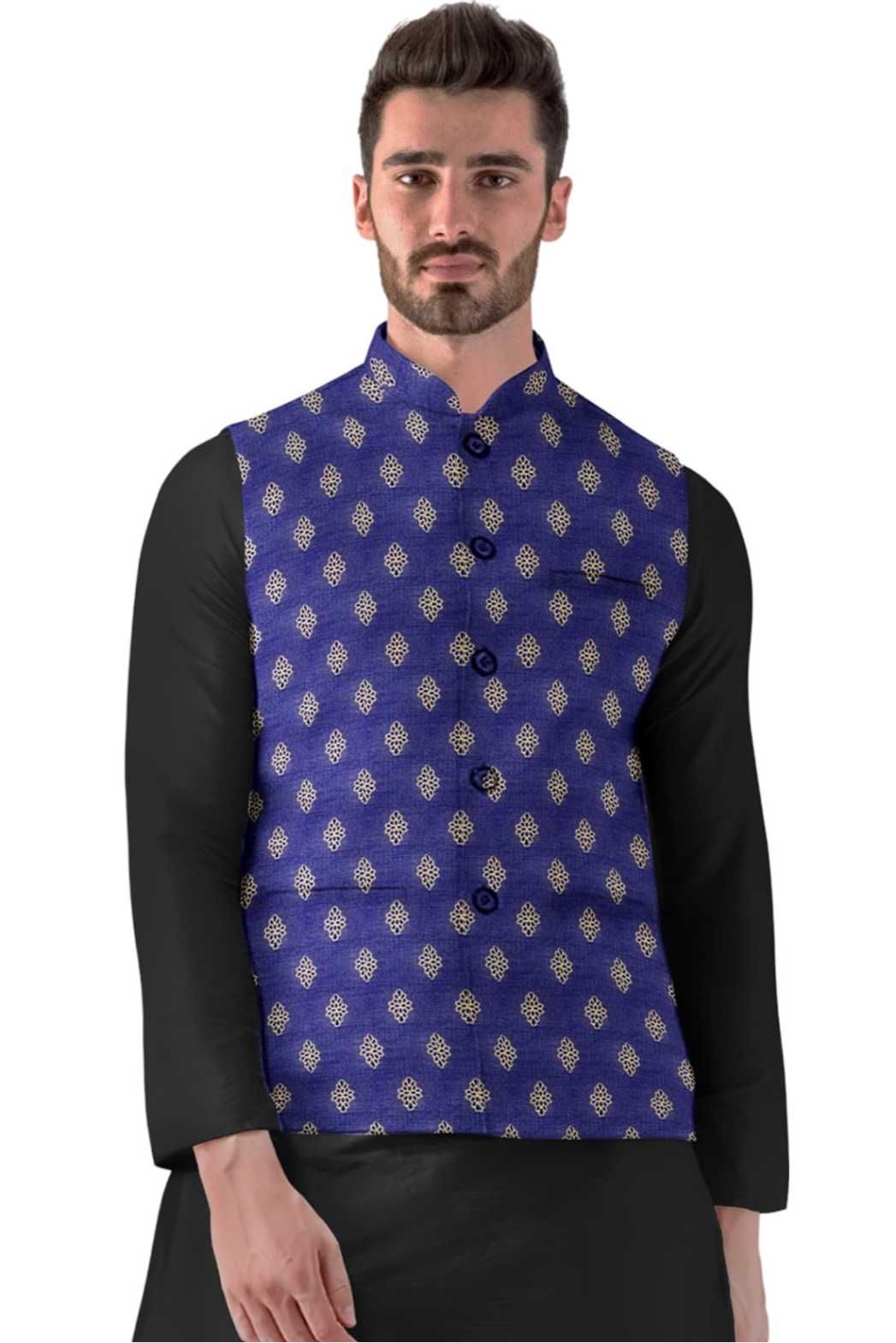 Mens Jacquard Printed Full Sleeve Waistcoat Size 38 (Blue)