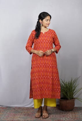 Rivaaj Ethnic Saisha Straight Kurta (M) | Handwoven Orange Ikkat Cotton | Split V-Neck Design | Festive & Daily Wear