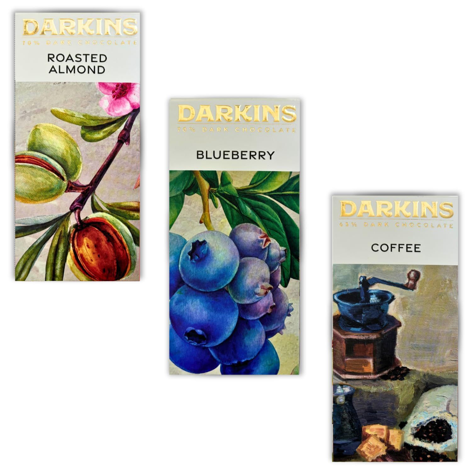 DARKINS Dark Chocolate | 65% Dark Chocolate With Coffee | 70% Dark Chocolate With Roasted Almond | 70% Dark Chocolate With Blueberries | Vegan | Gluten-free | Unrefined Cane Sugar | No Artificial Flavor's | Natural Chocolates Bar | 50 Gm Each Pack Of 3