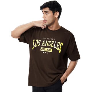 Leotude Men Brown Printed Cotton Blend T-Shirt