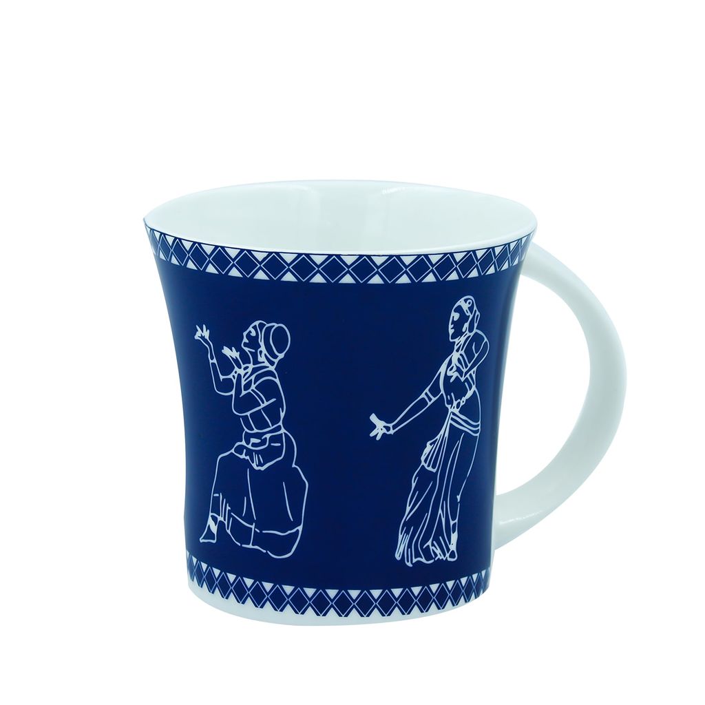 Femora Traditional Dancers Pattern Tea Cups, Ceramic Tea Cups, Coffee Mugs (160 ml) - 6 Pcs Set (Blue)