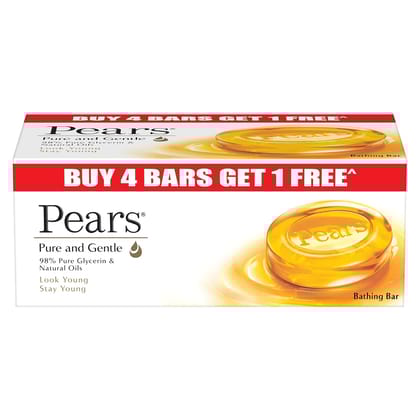 Pears Pure & Gentle Soap Bar (Buy 4 get 1 free) - With Glycerin for Soft, Glowing Skin & Body, Paraben-Free Body Soaps For Bath