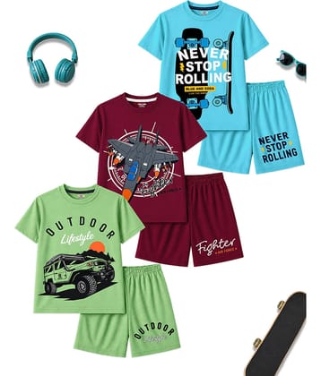 Kuchipoo Boys Cotton Blend T-Shirt & Shorts Set ( Multicolor 4 , Pack of 3 )