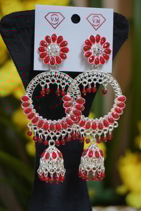 Red stone chandbali earing-One Size
