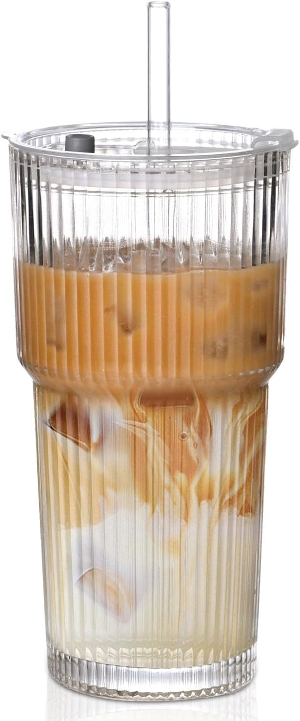 Elegant Ribbed Sipper Glass Long Mug 450 Ml Set of 1 with Reusable Glass Straw Stylish Vertical Lining Perfect for iced Coffee, Smoothies, Milkshakes, Juice, and Cold Beverages
