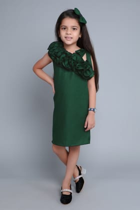 One Shoulder Ruffle Aline Dress with Matching Bow Clip -Green-1-2Y / Green